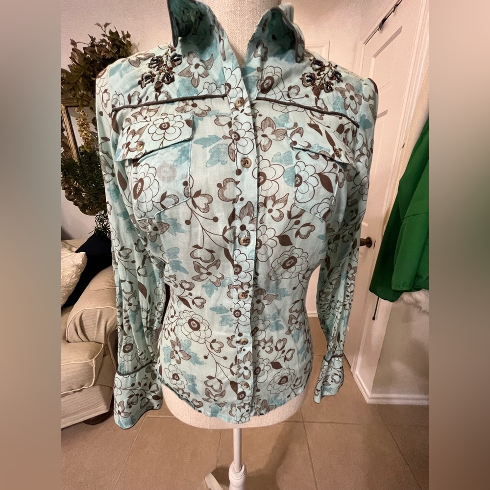 Long sleeve teal and brown trendy western shirt